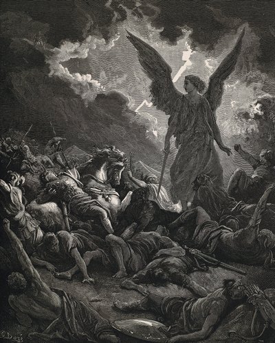 الكتاب المقدس. 1866. سناتشيريب (705-681 قبل الميلاد). ملك آشور (705-681 قبل الميلاد). ملاك الرب من جيش سنحاريب. نقش بواسطة غوستاف دور