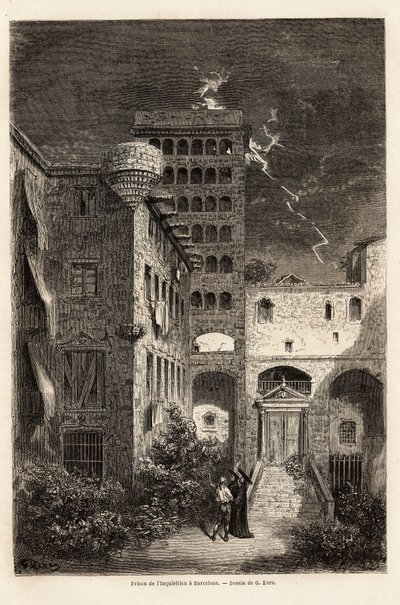 سجن محاكم التفتيش في برشلونة ، رسمه غوستاف دوري (1832-1883) ، لتوضيح رحلته إلى إسبانيا ، مع سي ديفيلييه ، في عام 1862. نقش في "" Le tour du monde "" ، تحرير إدوارد شارتون بواسطة غوستاف دور
