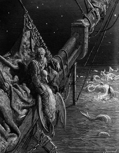 يحدق The Mariner على الحيات في المحيط ، مشهد من "The Rime of the Ancient Mariner" بواسطة ST Coleridge ، نشره Harper und Brothers ، نيويورك ، 1876 (نقش الخشب) بواسطة غوستاف دور