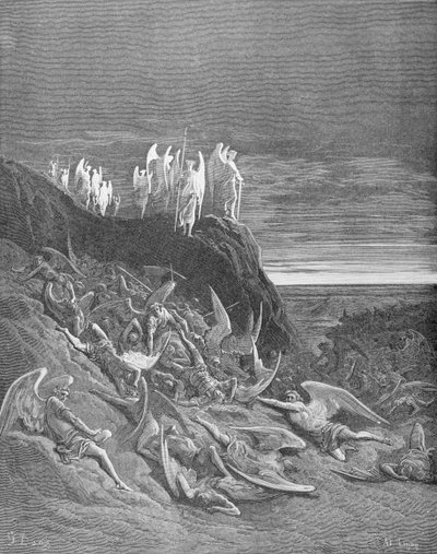 الحرب في السماء ، من الكتاب السادس لـ "الفردوس المفقود" لجون ميلتون (1608-74) الذي نقشه أ. ليجني ، c.1868 بواسطة غوستاف دور