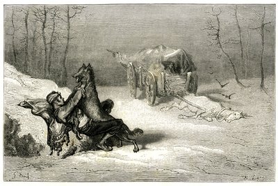 اللص أغوستين يهاجمه ذئب، بالقرب من الحصان الميت الذي لا يزال في العربة التي لا تزال في العربة التي تتخلى عن الكوميديين، أو يخفي تشيكيته الصغيرة. نقش لغوستاف دور يوضح رواية ثيوفيل غوتييه "لو كابيتين فراكاس"، طبعة شاربانتييه 1863 بواسطة غوستاف دور