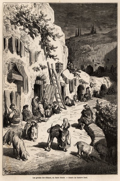 كهوف (منازل تحت الأرض) للغجر في ساكرو مونتي بغرناطة. رسم لجوستاف دوري (1832-1883) ، لتوضيح رحلته إلى إسبانيا عام 1862 ، برفقة الشون دافيلييه. نقش في "" Le Tour du monde "، تحرير إدوارد شارتون بواسطة غوستاف دور