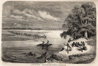 عبور نهر كولورادو بواسطة طوافة ، برفقة بعض الهنود الموهافيين ، رسمه غوستاف دوري (1832-1883) ، لتوضيح رحلة المسيسيبي إلى المحيط الهادئ في 1853-54 بواسطة بودوين مولهاوزن (1825-1905). نقش في "" Le Tour du بواسطة غوستاف دور