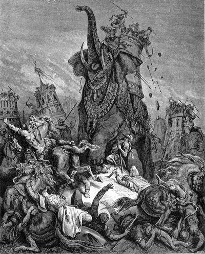 وفاة العازار ماكابي (المكابي أو المكابي) ، الأخ الشاب ليهوذا المكابي ، تحت حكم أنطيوخوس الرابع إبيفان (175-164 قبل الميلاد). لقد سحقه فيل. "الكتاب المقدس" رسمه غوستاف دوري. نقش القرن التاسع عشر. بواسطة غوستاف دور