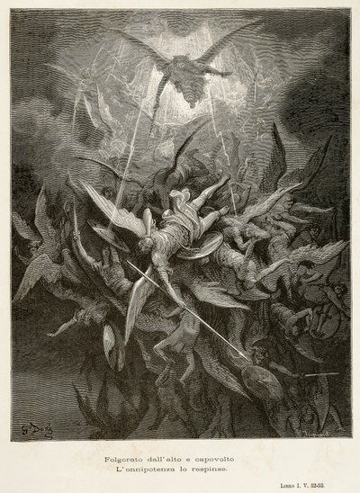سقوط الملائكة ، مشهد من الفردوس المفقود بواسطة جون ميلتون (1608-1674) ، رسم إيضاحي لجوستاف دوري '(1832-1883) بواسطة غوستاف دور