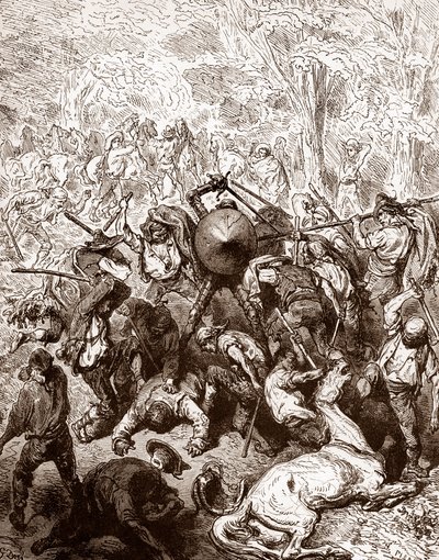 المعركة ضد البغالين في نقش يانغوا بواسطة غوستاف دور (1832-1883) من أجل "إنجينيو هيدالغو دون كيشوت دي لا مانش (كيكسوت - كيجوت)" بقلم ميغيل دي سرفانتس (1547-1616) 1863 مجموعة خاصة بواسطة غوستاف دور
