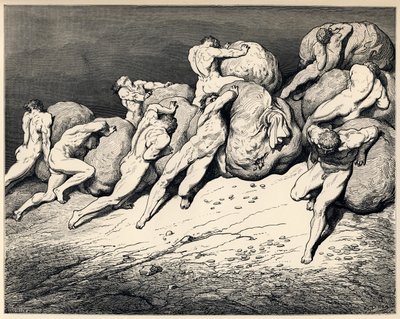 المكتنزون والفضلات. رسم توضيحي للكوميديا الإلهية لدانتي أليغييري ، 1857 بواسطة غوستاف دور