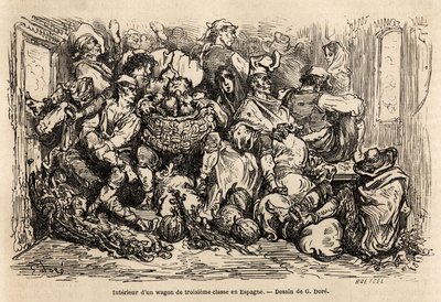 الجزء الداخلي لعربة واغن من الدرجة الثالثة في إسبانيا ، رسمه غوستاف دوري (1832-1883) ، لتوضيح رحلته إلى إسبانيا ، مع سي دافيلييه ، في عام 1862. نقش في "" Le tour du monde "" ، حرره إدوارد شارتون بواسطة غوستاف دور