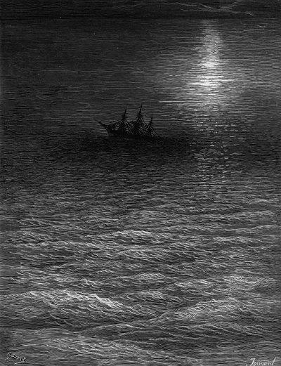 السفينة المارونة في بحر مقمر ، مشهد من "The Rime of the Ancient Mariner" بواسطة ST Coleridge ، نشره Harper und Brothers ، نيويورك ، 1876 (نقش wwod) بواسطة غوستاف دور