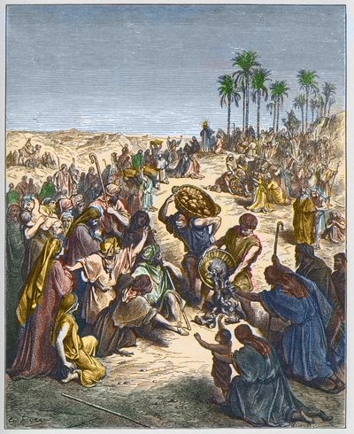 تكاثر الخبز - المسيح يطعم الجموع (خبز وفير المسيحية نقش الحشود للأسماك) - نقش في "إنجيل إنستري" بقلم غوستاف دوري (1832-1883) - نقش من "الكتاب المقدس دوري" بواسطة غوستاف دور