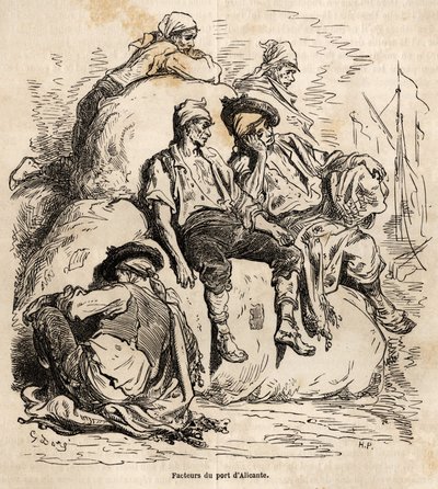 قيلولة حاملات ميناء أليكانتي ، رسم تخطيطي تم رسمه على حي جوستاف دوري (1832-1883) ، لتوضيح رحلته إلى إسبانيا ، في عام 1862 ، مع الفصل. دافيلير. نقش في "" Le Tour du monde "، تحرير إدوارد شارتون بواسطة غوستاف دور