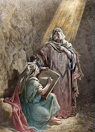 النبي جيريمي يملي نبوءاته على باروخ - نقش كولورسي بواسطة Pannemacker ، من إنجيل غوستاف دوري (1832-1883) - إرميا (650-585 قبل الميلاد) ، نبي عبري. إرميا يملي نبوءاته على باروخ. نقش Pannemaker ، الكتاب المقدس بواسطة Gustave Dore