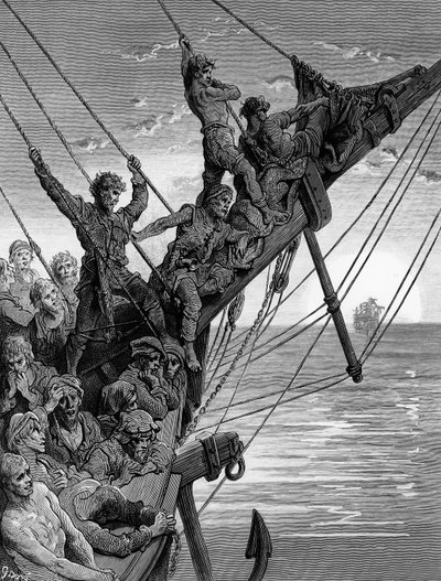 يرى البحارة على مسافة سفينة شبحية ، مشهد من "The Rime of the Ancient Mariner" بواسطة ST Coleridge ، نشره Harper und Brothers ، نيويورك ، 1876 (نقش الخشب) بواسطة غوستاف دور