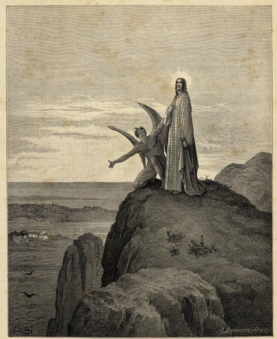 "تجربة المسيح" يقود يسوع إلى الصحراء يجربه الشيطان. رسم توضيحي لغوستاف دور (1832-1883) للكتاب المقدس. 1866 بواسطة غوستاف دور
