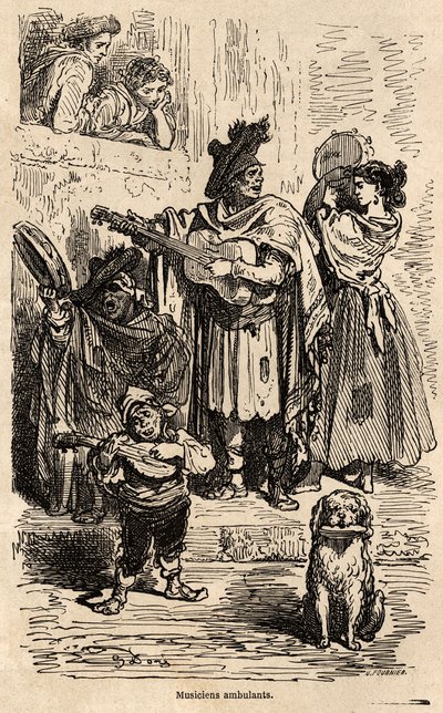 موسيقيون مسافرون في فالنسيا ، رسمهم غوستاف دوري (1832-1883) ، لتوضيح رحلته إلى إسبانيا مع C.Davillier ، في 1862. نقش في "" Le tour du monde "، تحرير إدوارد شارتون بواسطة غوستاف دور