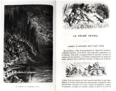 صفحتان مصورتان من "Les Contes Drolatiques" من تأليف هونور دي بلزاك (1799-1850) منقوش بواسطة هيليودور جوزيف بيسان (1822-1890) بواسطة غوستاف دور