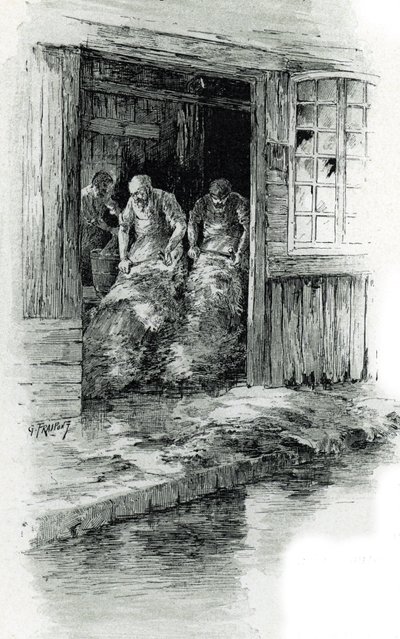 Megissiers de la rue des gobelins في باريس (الدباغون يعملون في الجلود وجلود الحيوانات في شارع des Gobelins ، باريس) رسم بواسطة Gustave Frainpont (1849-1923) مستمدة من "La seine a travers Paris" لسان جوير بواسطة غوستاف فرايبونت