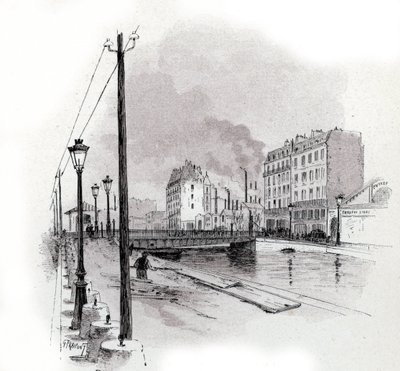 منظر للجسر المتأرجح من Quai de Valmy على قناة Saint Martin ، Paris رسم بواسطة Gustave Fraipont (1849-1923) من Saint-Juirs بواسطة غوستاف فرايبونت