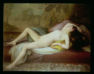عارية مستلقية على كرسي استرخاء (زيت على قماش) بواسطة Gustave Henri Eugene Delhumeau