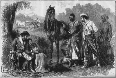 المعرض العالمي 1878 في باريس: غاوتشوس أمريكا الجنوبية في حديقة التكيف. نقش لجوستاف جانيت في "" العالم المصور "" رقم 1116 بتاريخ 17 أغسطس بواسطة جوستاف جانيت