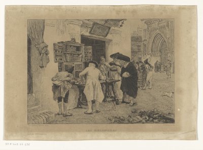 تجمع الرجال حول عرض بائع الكتب محبي الكتب (العنوان على الكائن) بواسطة ألبرت كوانتين