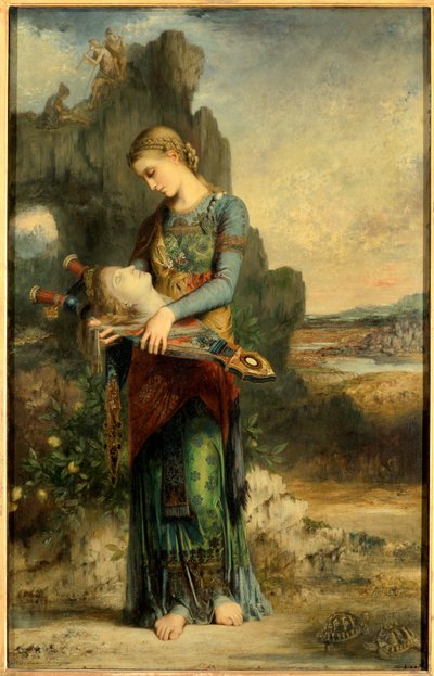 Orphee فتاة ثرازية ترتدي رأس أورفي. لوحة لجوستاف مورو (1826-1898). 1865 زيت على خشب خافت. 1،54x0،99 م باريس ، متحف أورسيه - أورفيوس. فتاة تراقيا شابة تنقذ رأس أورفيوس. لوحة لغوستاف مورو (1826-1898) ، زيت على خشب بواسطة غوستاف مورو