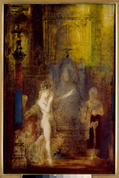 Salome dancing in front of Herode Salome dances in the banquet hall of Herode. Herode sitting on a high throne is fascinated by the beauty of the magician. Painting by Gustave Moreau (1826-1898) بواسطة غوستاف مورو