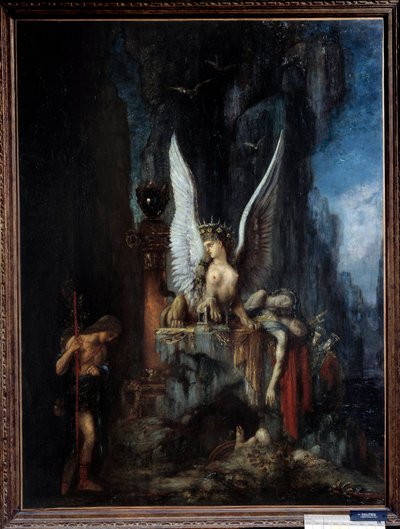 المسافر أو أوديب المسافر أو الاجاليت قبل موت أوديب أمام أبو الهول. رسم غوستاف مورو (1826-1898) القرن التاسع عشر. 0،93x1،24 م ميتز ، متحف الفنون الجميلة. - المسافر أو أوديب المسافر أو المساواة قبل الموت ، بواسطة غوستاف مورو