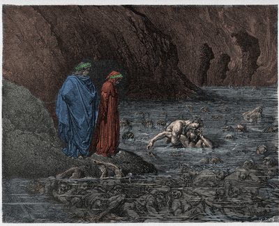جحيم ، كانتو 32: Ugolino (Ugolin della Gherardesca) ينخر على رأس المطران Ruggieri (Ruggeri Ubaldini) ، التوضيح من الكوميديا الإلهية بواسطة Dante Alighieri ، 1885 (ملون رقميًا و بواسطة غوستاف بعد دوري