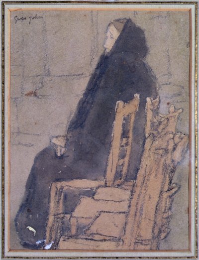 عجوز ترتدي شال أسود (ألوان مائية ، ألوان الجسم وقلم تلوين أسود على ورق بيج) بواسطة جوين جون