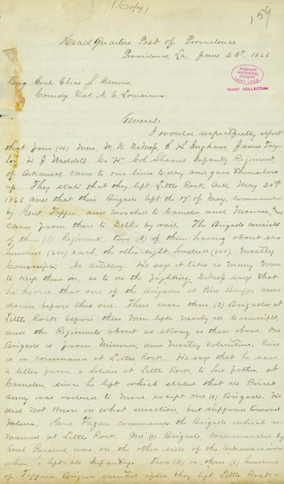 رسالة من HT Reid ، المقر ، Post of Providence ، لويزيانا ، إلى العميد إلياس إس دينيس ، 22 يونيو 1863 بواسطة HT ريد
