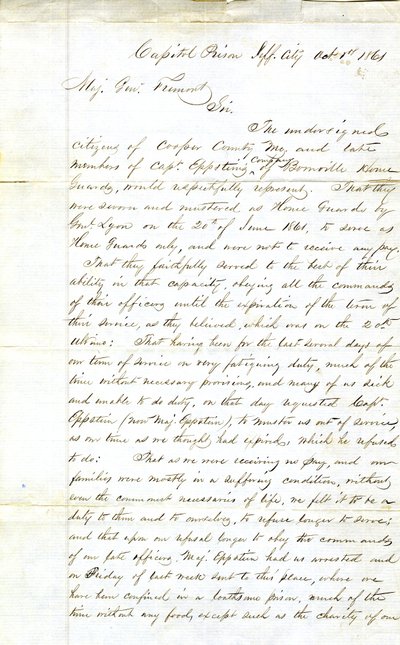 نداء من أعضاء شركة Captain Eppstein's Company ، Boonville Home Guards ، سجن الكابيتول ، جيفرسون سيتي ، إلى اللواء فريمونت ، 1 أكتوبر 1861 ، الميجور جنل. فريمونت سيدي. الموقعون أدناه من مواطني مقاطعة كوبر مو والراحل بواسطة HL Hoefer