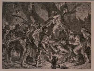 المذبحة في السجون في سبتمبر 1792 ، نقشها جان بابتيست تشارلز كاربونو (1815 م). بواسطة H. de la Charlerie