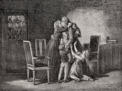 وداع العائلة المالكة الأخير ، 20 يناير 1793 ، منقوش بواسطة كاربونيو ، من "تاريخ الثورة الفرنسية" بقلم لويس بلانك (1811-1882) بواسطة H. de la Charlerie