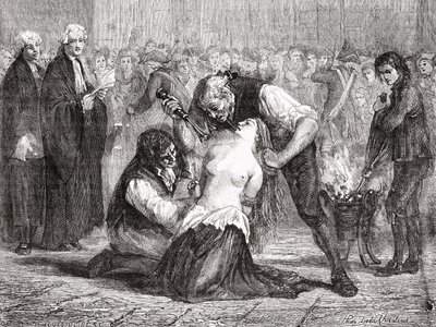 تعذيب مدام دي لا موت ، منقوش من قبل ماير هاين ، من "تاريخ الثورة الفرنسية" لوي بلانك (1811-1882) بواسطة H. de la Charlerie