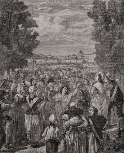 مسيرة النساء في فرساي ، من 5 إلى 6 أكتوبر 1789 ، منقوش بواسطة Pannemaker-Ligny ، من "Histoire de la Revolution Française" بواسطة Louis Blanc (1811-1882) بواسطة H. de la Charlerie