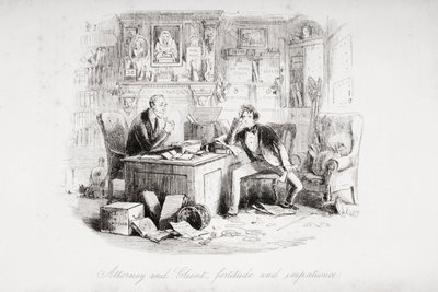 المحامي والعميل ، الثبات ونفاد الصبر ، توضيح من "منزل كئيب" بواسطة تشارلز ديكنز (1812-70) نشر 1853 (ليثو) بواسطة هابلوت نايت براون
