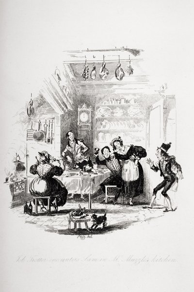 يصادف Job Trotter سام في مطبخ السيد Muzzle ، رسم توضيحي من `` أوراق بيكويك &39;&39; تشارلز ديكنز (1812-70) تم نشره عام 1837 (انظر أيضًا 259100) بواسطة هابلوت نايت براون