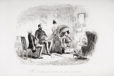 السيد Smallweed يكسر أنبوب السلام ، التوضيح من "منزل كئيب" بواسطة تشارلز ديكنز (1812-1870) المنشور عام 1853 بواسطة هابلوت نايت براون