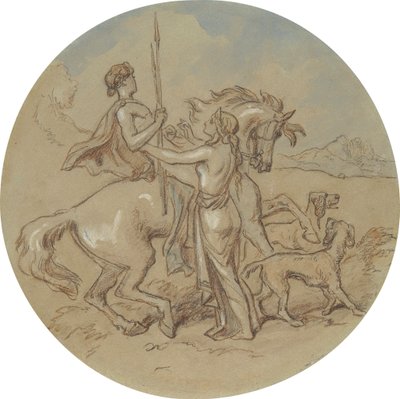 واحد من ثمانية عشر تصميمًا لسلسلة من اللوحات التي تصور فينوس وأدونيس بواسطة هابلوت نايت براون