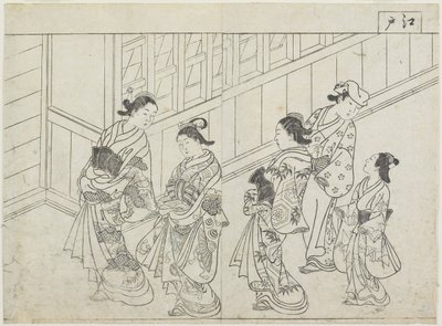 خمسة عاهرات أمام منزل ، أوائل سبعينيات القرن التاسع عشر (طبعة خشبية) بواسطة Hanabusa Shigenobu