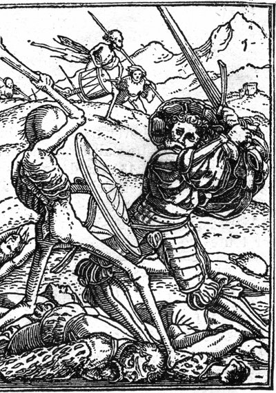 الموت الوهمي لهانس هولباين يونغ (1497-1543): الجندي. جندي يحارب الموت. تحت أقدامهم جثث المحاربين الآخرين. نقش. بواسطة هانز (بعد) هولبين الأصغر