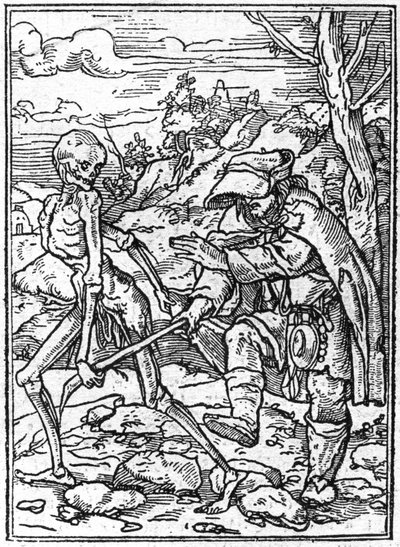 محاكاة موت هانز هولباين الأصغر (1497-1543): الأعمى. يمسك الموت بعصا الأعمى ويعمل كمرشد. نقش. بواسطة هانز (بعد) هولبين الأصغر