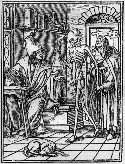 محاكاة وفاة هانز هولباين الأصغر (1497-1543): الطبيب. يأتي الموت بين الطبيب ومريضه. نقش. بواسطة هانز (بعد) هولبين الأصغر