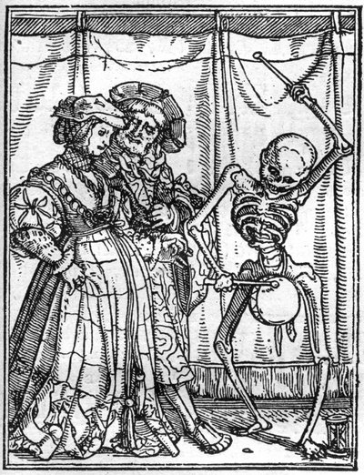 محاكاة لوفاة هانز هولبين الأصغر (1497-1543): الأزواج. الموت يعزف على الطبلة أمام الزوجين. نقش. بواسطة هانز (بعد) هولبين الأصغر