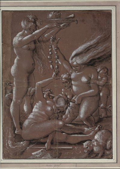 سبت الساحرات (بعد هانز بالدونغ) قدم المساواة مع جراف ، أورس (1485-1527 / 28). قلم ، فرشاة ، حبر ، لون أبيض على ورق ، مقاس: 29.5 × 21.7 بواسطة هانز بالدونج جرين