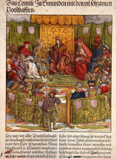 مجلس جموندين مع كبار الزوار الأجانب ، من 'Der Weisskunig' ، حوالي 1515 (نقش خشبي ملون يدويًا) بواسطة هانز برجكمير
