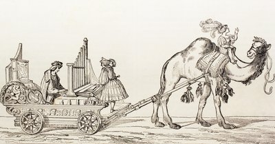 العازف بول هوفهايمر يلعب في عربة رسمها جمل ، من "El Mundo Ilustrado" ، نشر برشلونة ، 1880. بواسطة هانز برجكمير