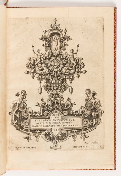 اللوحة 1 ، صفحة العنوان من مجموعة من عشرة ، بعنوان Monilium Bullarum Inauriumque Artificocissimae Icones ، Ioannis Collaert Opus Postremum (تصاميم للقلائد والمعلقات والأقراط من أعلى مهارة ، العمل النهائي لجوانيس كوليرت) بواسطة فيليبس جالي
