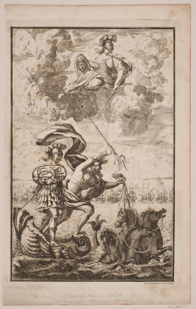نبتون يندفع فوق البحر. صفحة العنوان لـ Fontenay ، "Söe-Evolution" ؛ كوبنهاغن 1743 بواسطة هانز هنريش كريستيان أولريش